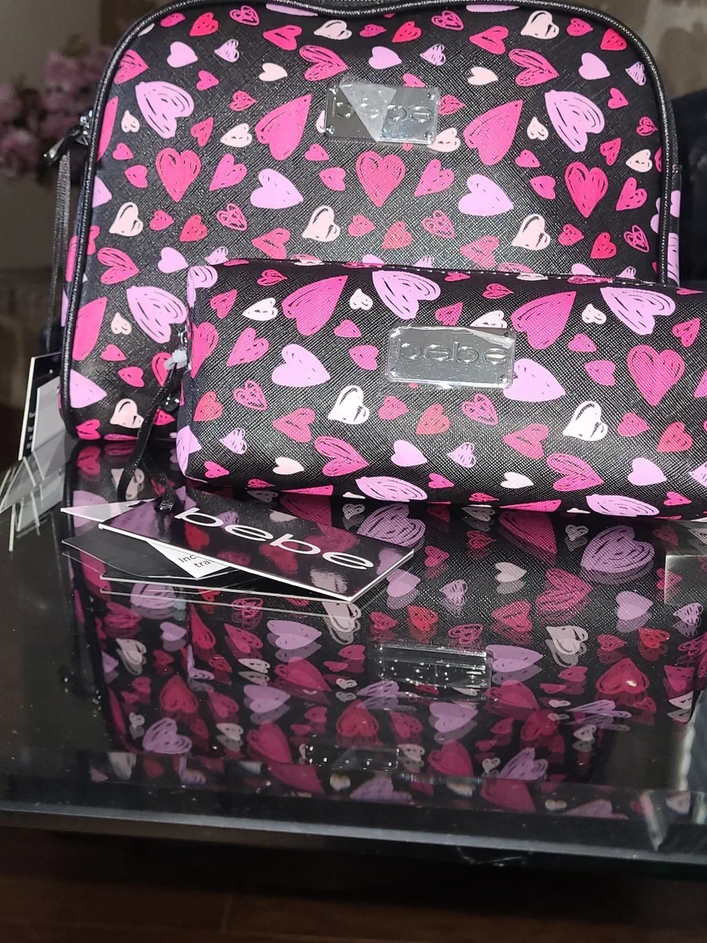 bebe Pink Heart Print Cosmetic Bag Set
